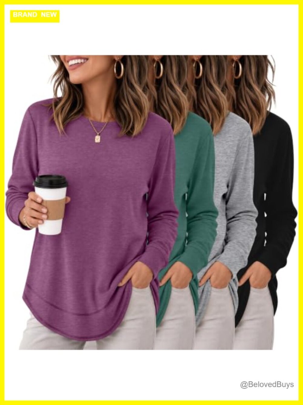Womens Long Sleeve Cotton Blend Sweatshirts 4 Pack Crewneck Pullover Tops